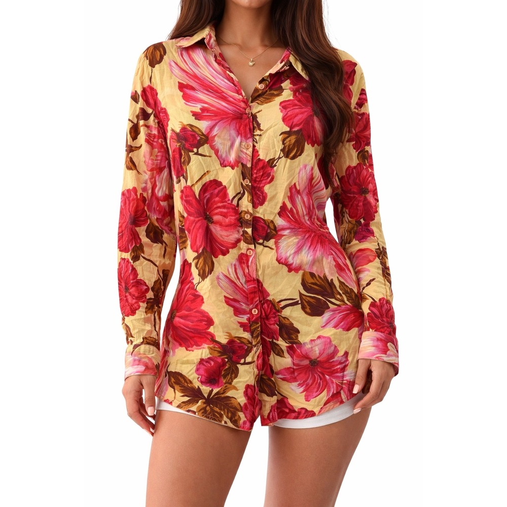 Newport News Womens Yellow Pink Floral Cotton Button Down Shirt Blouse Size 12